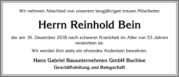 Traueranzeige von Reinhold Bein von Allgäuer Zeitung, Kaufbeuren/Buchloe