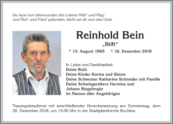 Traueranzeige von Reinhold Bein von Allgäuer Zeitung, Kaufbeuren/Buchloe