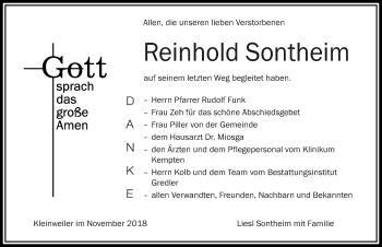 Traueranzeige von Reinhold Sontheim von Allgäuer Zeitung,Kempten