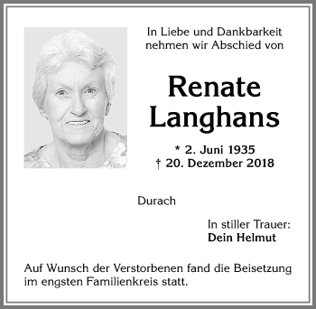 Traueranzeige von Renate Langhans von Allgäuer Zeitung,Kempten