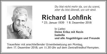 Traueranzeige von Richard Lohfink von Allgäuer Zeitung,Kempten