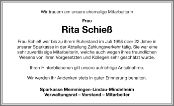 Traueranzeige von Rita Schieß von Der Westallgäuer