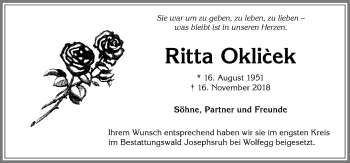 Traueranzeige von Ritta Oklicek von Allgäuer Anzeigeblatt