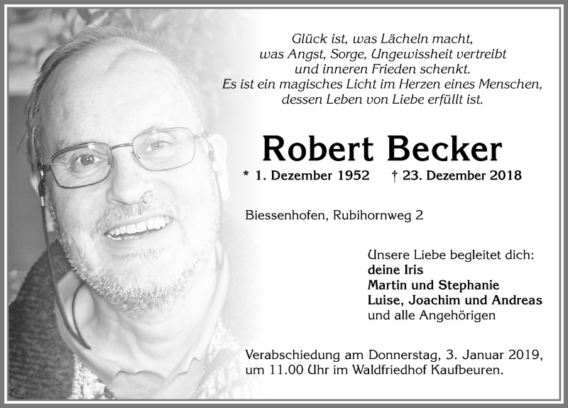  Traueranzeige für Robert Becker vom 29.12.2018 aus Allgäuer Zeitung, Kaufbeuren/Buchloe