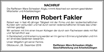 Traueranzeige von Robert Fakler von Memminger Zeitung