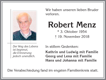 Traueranzeige von Robert Menz von Allgäuer Zeitung,Kempten