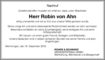 Traueranzeige von Robin von Ahn von Memminger Zeitung