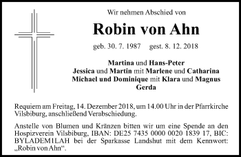 Traueranzeige von Robin von Ahn von Memminger Zeitung