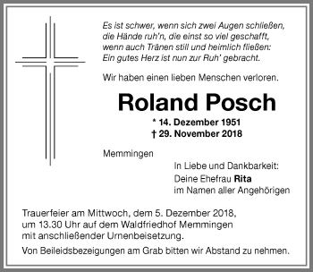 Traueranzeige von Roland Posch von Memminger Zeitung