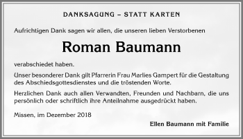 Traueranzeige von Roman Baumann von Allgäuer Anzeigeblatt
