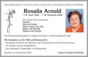 Traueranzeige von Rosalia Arnold von Allgäuer Zeitung, Kaufbeuren/Buchloe