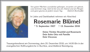 Traueranzeige von Rosemarie Blümel von Allgäuer Zeitung, Kaufbeuren/Buchloe