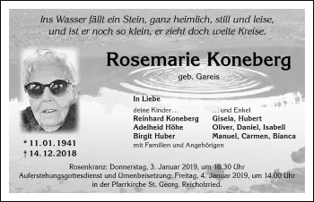 Traueranzeige von Rosemarie Koneberg von Allgäuer Zeitung,Kempten