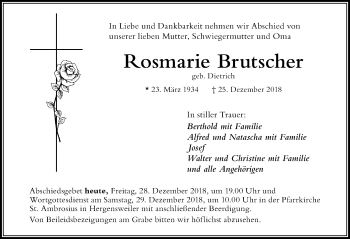 Traueranzeige von Rosmarie Brutscher von Der Westallgäuer