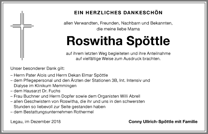 Traueranzeige für Roswitha Spöttle vom 06.12.2018 aus Memminger Zeitung