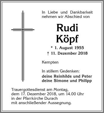 Traueranzeige von Rudi Köpf von Allgäuer Zeitung
