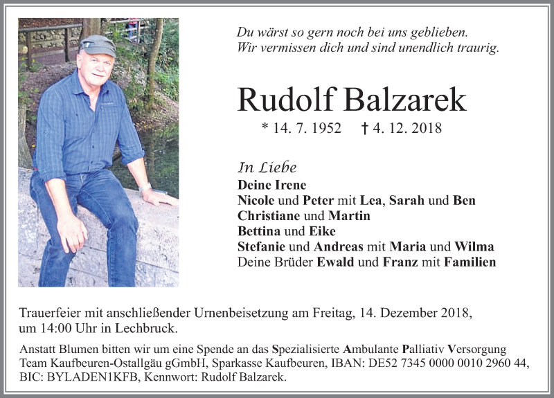  Traueranzeige für Rudolf Balzarek vom 08.12.2018 aus Allgäuer Zeitung, Füssen