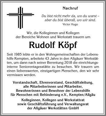 Traueranzeige von Rudolf Köpf von Allgäuer Zeitung,Kempten