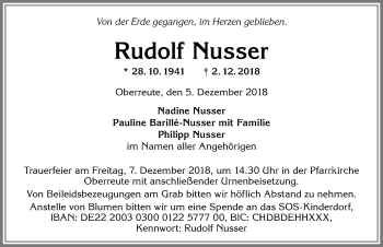 Traueranzeige von Rudolf Nusser von Allgäuer Anzeigeblatt