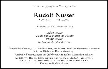 Traueranzeige von Rudolf Nusser von Der Westallgäuer