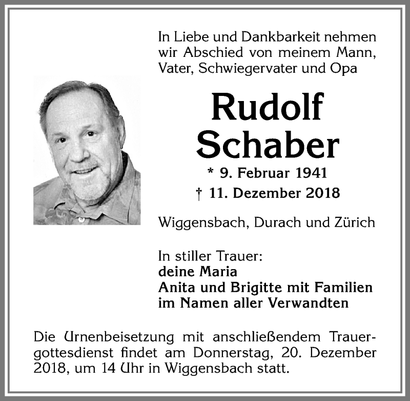 Traueranzeige für Rudolf Schaber vom 15.12.2018 aus Allgäuer Zeitung,Kempten