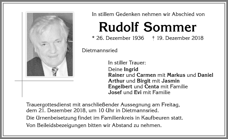  Traueranzeige für Rudolf Sommer vom 20.12.2018 aus Allgäuer Zeitung,Kempten