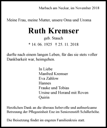 Traueranzeige von Ruth Kremser von Allgäuer Zeitung, Füssen