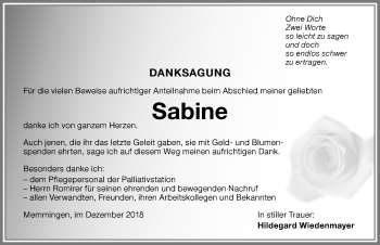 Traueranzeige von Sabine  von Memminger Zeitung