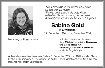 Traueranzeige von Sabine Gold von Memminger Zeitung