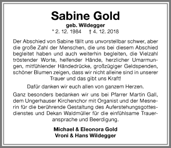 Traueranzeige von Sabine Gold von Memminger Zeitung