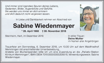 Traueranzeige von Sabine Wiedenmayer von Memminger Zeitung