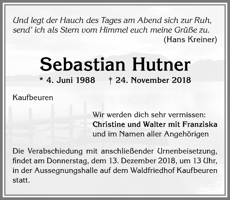  Traueranzeige für Sebastian Hutner vom 10.12.2018 aus Allgäuer Zeitung, Kaufbeuren/Buchloe