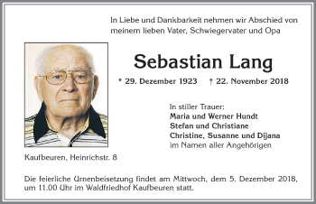 Traueranzeige von Sebastian Lang von Allgäuer Zeitung, Kaufbeuren/Buchloe