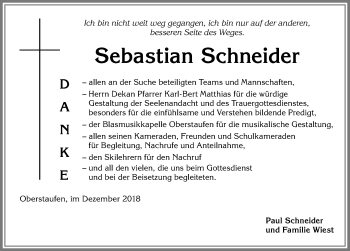 Traueranzeige von Sebastian Schneider von Allgäuer Anzeigeblatt