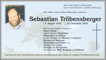 Traueranzeige von Sebastian Tröbensberger von Allgäuer Zeitung, Kaufbeuren/Buchloe