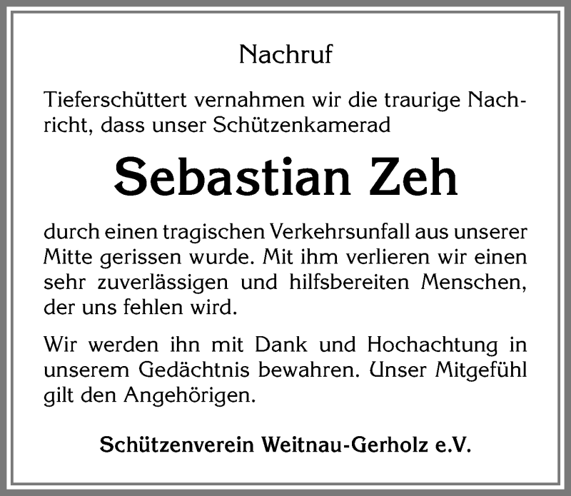  Traueranzeige für Sebastian Zeh vom 20.12.2018 aus Allgäuer Zeitung,Kempten