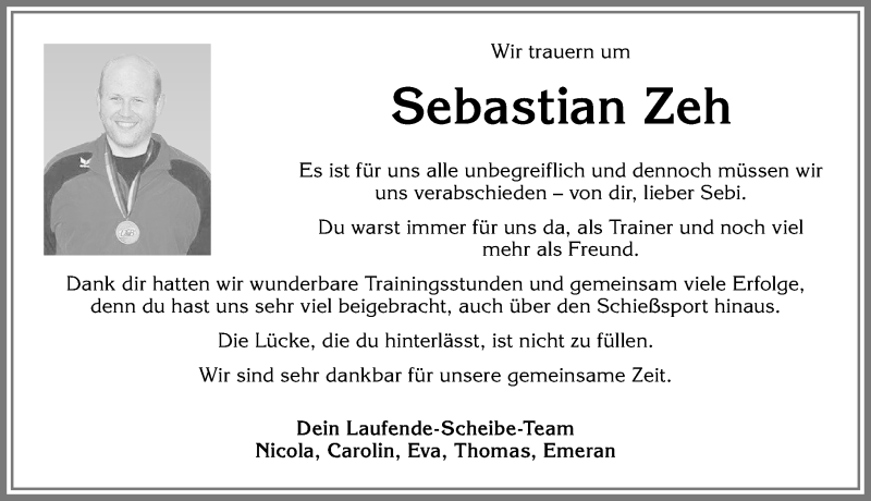  Traueranzeige für Sebastian Zeh vom 22.12.2018 aus Allgäuer Zeitung,Kempten