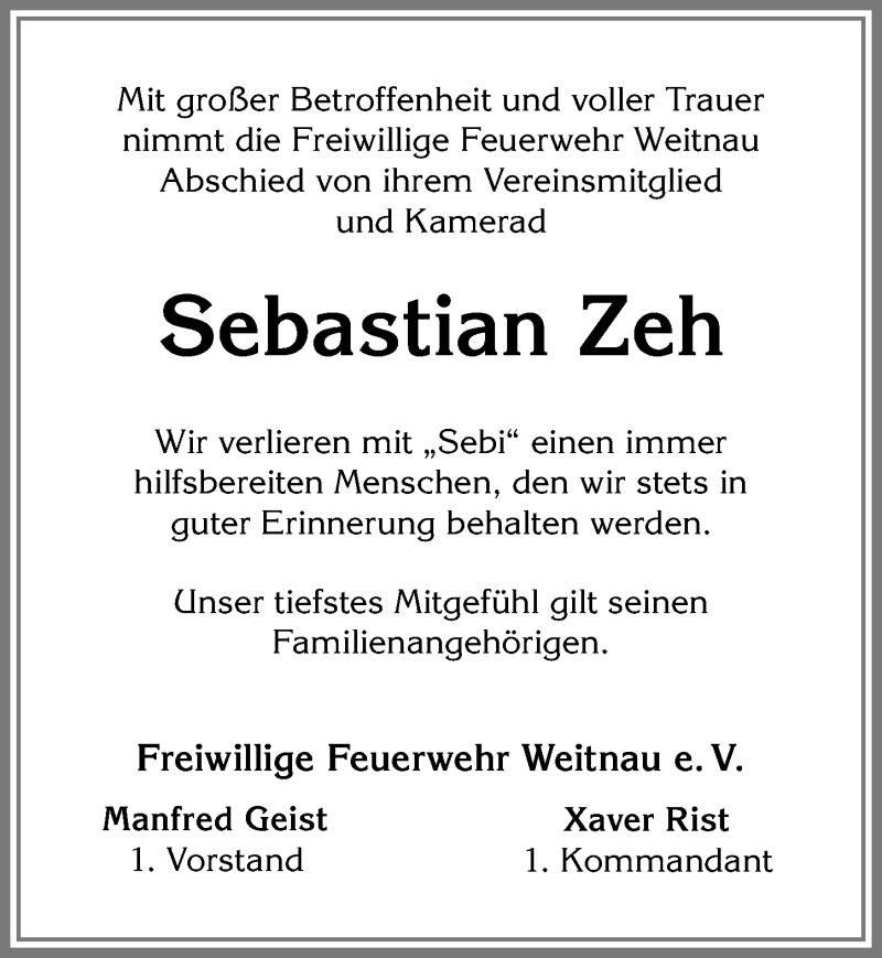  Traueranzeige für Sebastian Zeh vom 21.12.2018 aus Allgäuer Zeitung,Kempten
