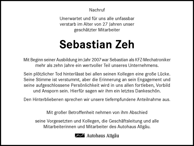  Traueranzeige für Sebastian Zeh vom 18.12.2018 aus Allgäuer Zeitung,Kempten