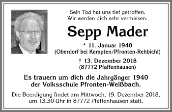Traueranzeige von Sepp Mader von Allgäuer Zeitung, Füssen