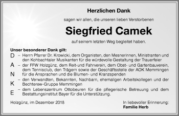 Traueranzeige von Siegfried Camek von Memminger Zeitung
