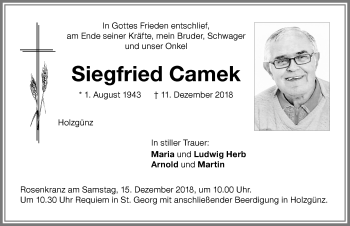 Traueranzeige von Siegfried Camek von Memminger Zeitung