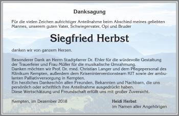 Traueranzeige von Siegfried Herbst von Allgäuer Zeitung,Kempten