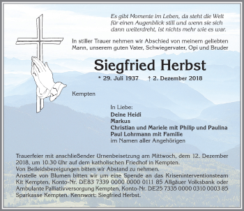 Traueranzeige von Siegfried Herbst von Allgäuer Zeitung,Kempten