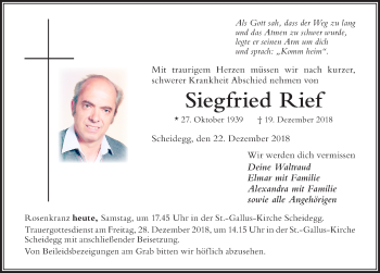 Traueranzeige von Siegfried Rief von Der Westallgäuer