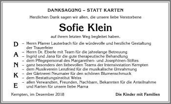 Traueranzeige von Sofie Klein von Allgäuer Zeitung,Kempten