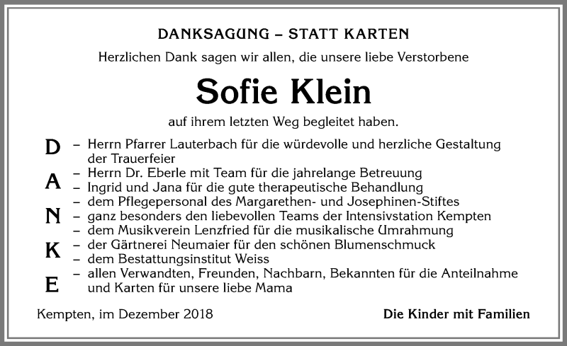  Traueranzeige für Sofie Klein vom 15.12.2018 aus Allgäuer Zeitung,Kempten