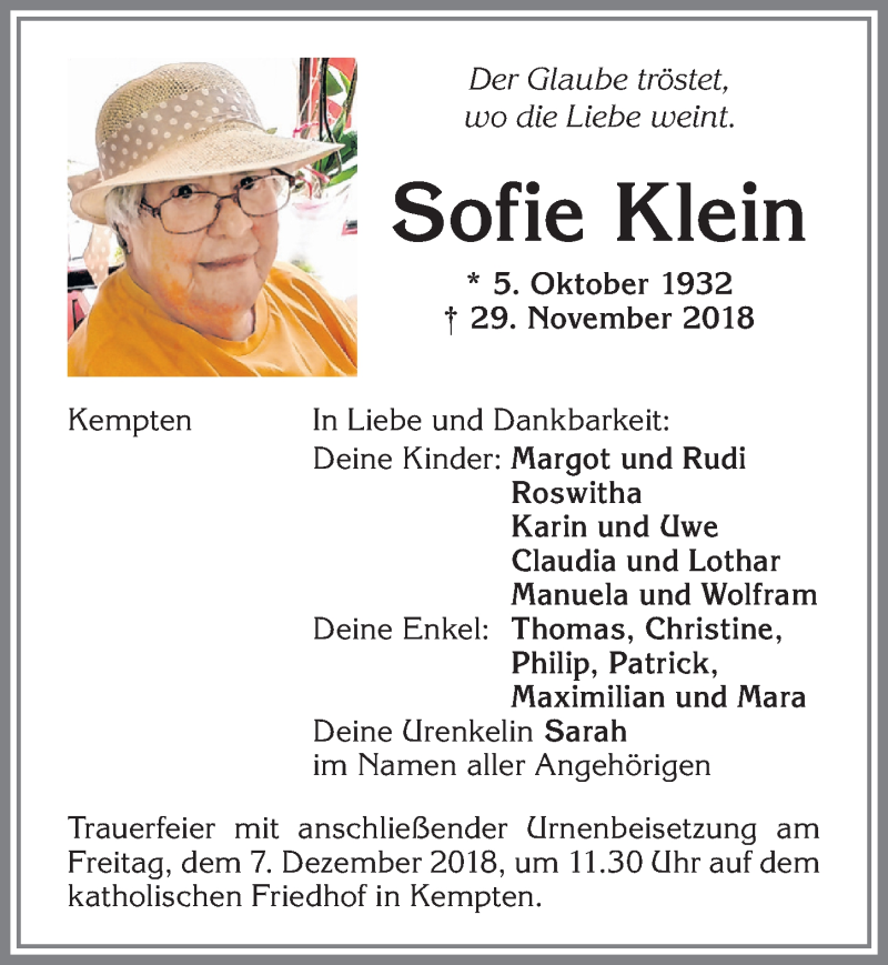  Traueranzeige für Sofie Klein vom 04.12.2018 aus Allgäuer Zeitung,Kempten