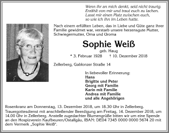 Traueranzeige von Sophie Weiß von Allgäuer Zeitung, Kaufbeuren/Buchloe