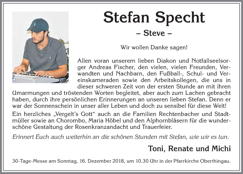  Traueranzeige für Stefan Specht vom 13.12.2018 aus Allgäuer Zeitung, Marktoberdorf